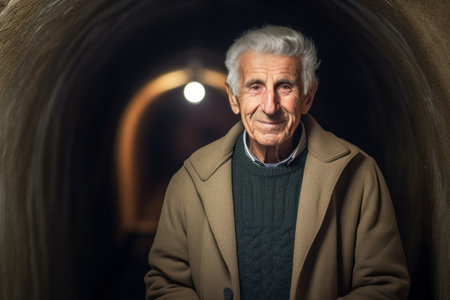 Portrait of a senior man in a tunnel looking at the cameraの素材