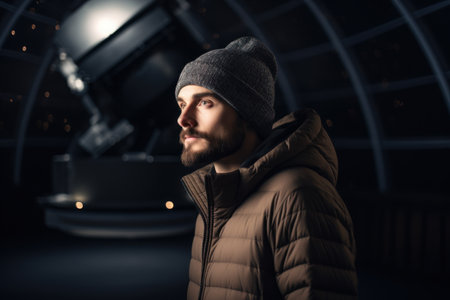 Handsome bearded man in a warm coat and hat looking away while standing in a dark roomの素材