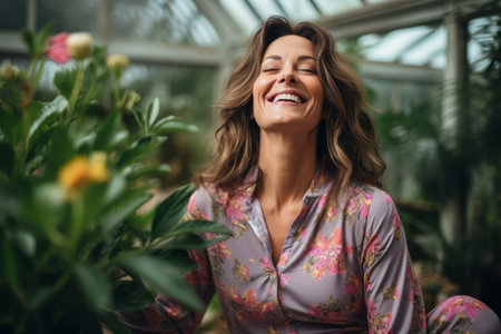 Portrait of a beautiful young woman smiling in a greenhouse with flowersの素材