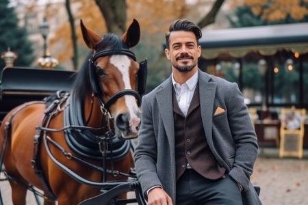 Handsome young man with a horse in a carriage in the cityの素材