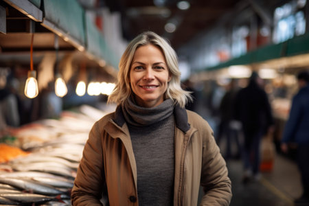 Portrait of happy mature woman standing in fish market, looking at cameraの素材