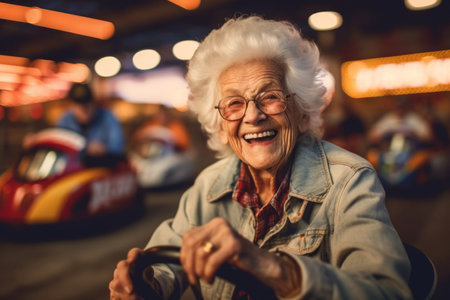 Portrait of happy senior woman riding a bumper car at amusement park