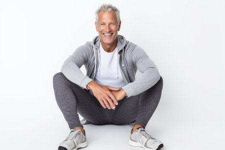 Portrait of happy senior man sitting on floor with hands on hipの素材