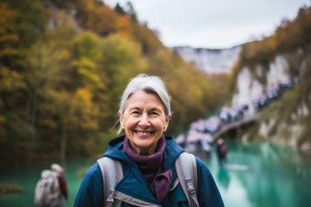 Mature woman tourist with a backpack on the background of the riverの素材