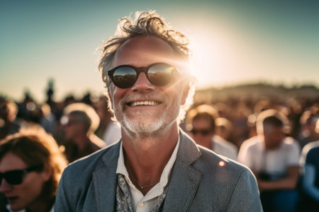 Portrait of a happy senior man with sunglasses at a music festivalの素材