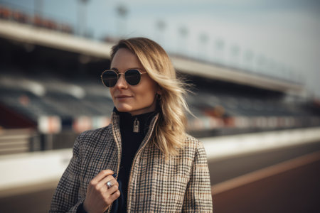 Portrait of a beautiful young woman in sunglasses on the background of the stadiumの素材