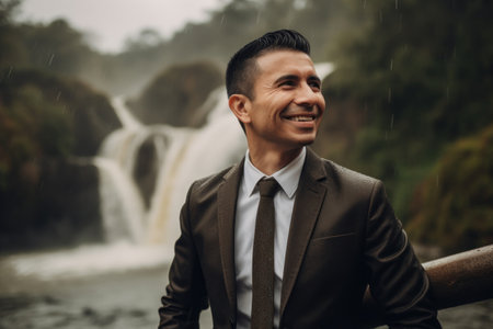 Handsome groom posing in front of a waterfall in the rainの素材