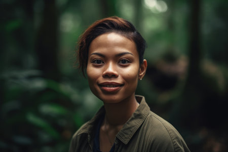 Portrait of a beautiful asian woman looking at camera in forestの素材