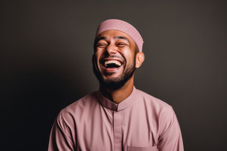 Portrait of a young asian muslim man laughing against gray backgroundの素材