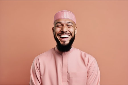 Portrait of a cheerful african-american man in a pink hoodie and a pink cap.の素材