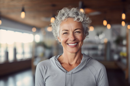 Portrait of smiling mature woman standing in cafeの素材
