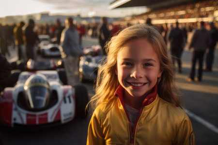 Adorable little girl smiling and looking at camera while standing in front of racing carの素材