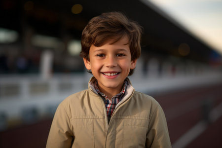 Portrait of a smiling boy on a race track at the stadiumの素材