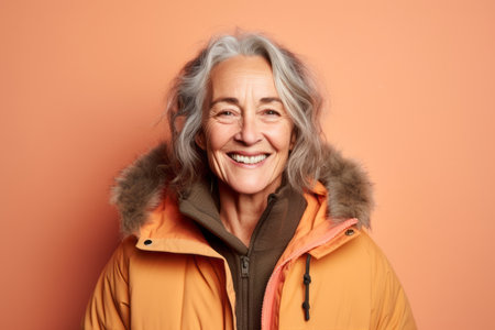 Portrait of smiling senior woman in winter jacket on orange background.の素材