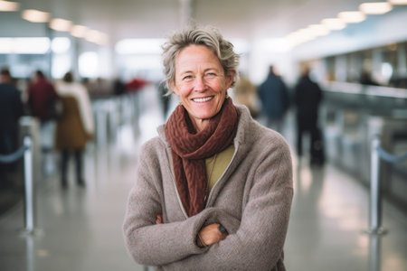 Portrait of smiling senior woman standing with arms crossed in corridor at airportの素材