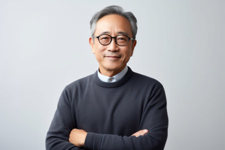 Portrait of Asian senior man wearing eyeglasses on white backgroundの素材