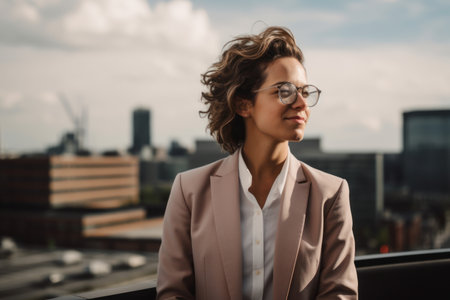 Portrait of a beautiful young business woman in glasses and a suit on the background of the city.の素材