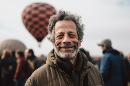 Handsome middle-aged man with gray hair and beard on a hot air balloon festivalの素材