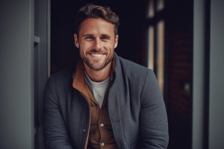 Portrait of a handsome young man looking at camera and smiling while standing indoorsの素材