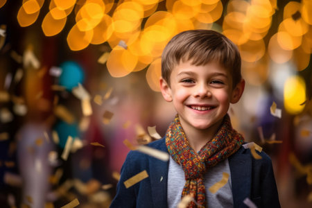 Portrait of a smiling boy with confetti on the background of the Christmas marketの素材
