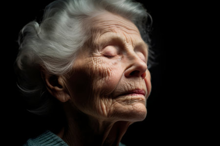Portrait of a sad elderly woman on a black background. Toned.の素材