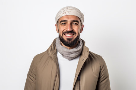 Portrait of a handsome arab man in winter clothes on a white backgroundの素材
