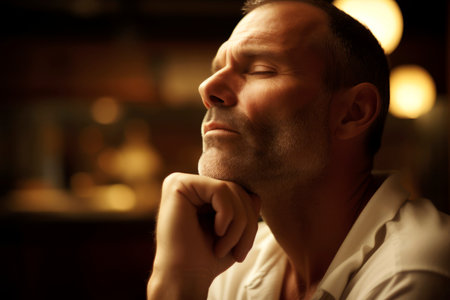 Portrait of a pensive man sitting in a pub or restaurantの素材