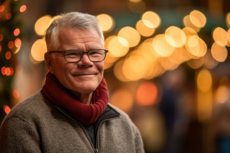 Portrait of happy senior man at Christmas market in evening time.の素材