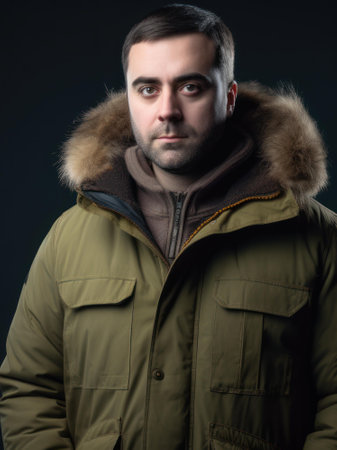 Portrait of a handsome young man in a winter jacket on a dark backgroundの素材