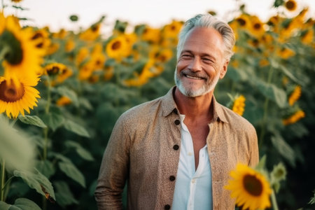Portrait of a smiling senior man standing in a sunflower fieldの素材