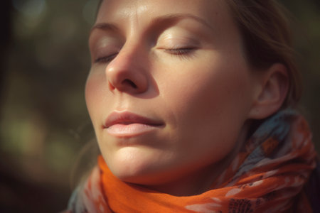 Portrait of a beautiful young woman with closed eyes and orange scarfの素材