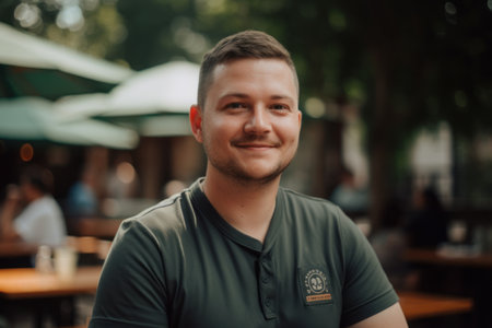 Portrait of a young man sitting at a table in a cafeの素材