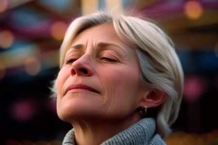 Portrait of a beautiful senior woman with closed eyes on blurred backgroundの素材