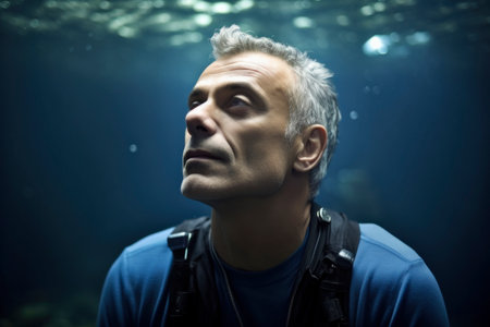 Portrait of a man looking at the camera in the aquarium.の素材