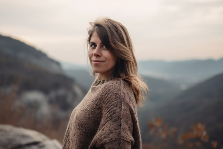 Young woman in a knitted sweater on the background of the mountainsの素材