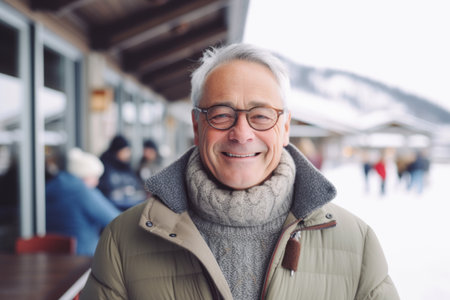 Portrait of a senior man in winter clothes at the train stationの素材