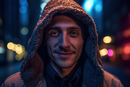 Portrait of a handsome young man in the city at night.の素材
