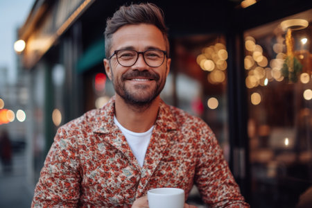 Portrait of a handsome young man with a cup of coffee.の素材