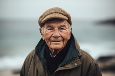 Portrait of an elderly man on the beach in wintertime.の素材