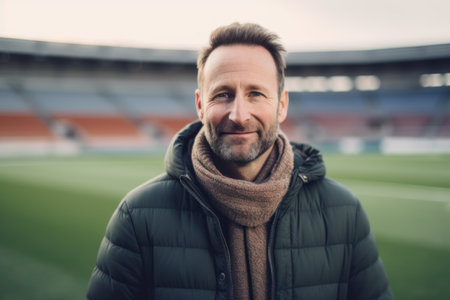 Portrait of a handsome middle-aged man in a warm jacket and scarf standing on the football stadiumの素材