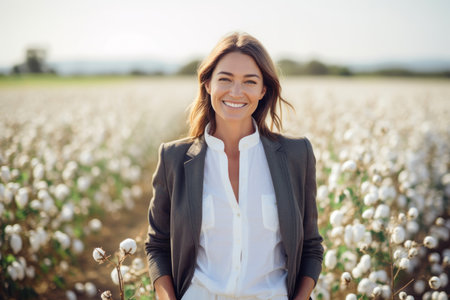 Portrait of a beautiful young woman standing in cotton field, smiling.の素材