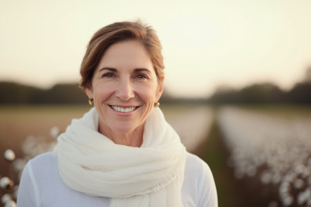 Portrait of smiling mature woman standing in cotton field with eyes closedの素材