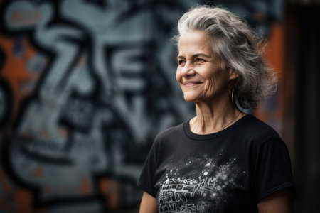 Portrait of a smiling senior woman with gray hair standing in front of graffiti wallの素材