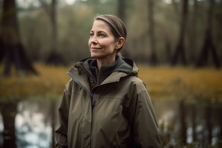 Portrait of a beautiful woman in a raincoat in the autumn forestの素材