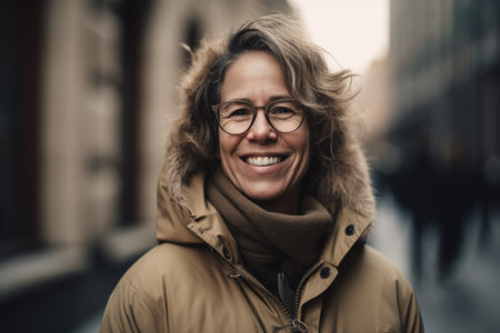 Portrait of smiling middle-aged woman in eyeglasses in the cityの素材