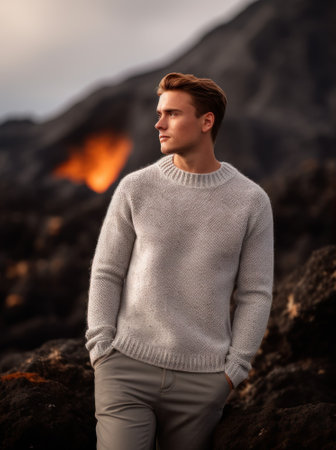 Handsome young man standing in front of a burning volcano.の素材