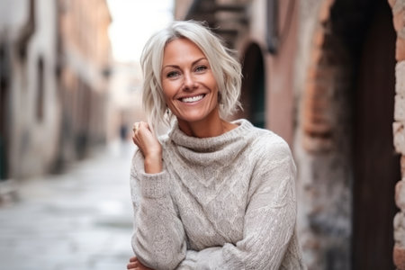 Portrait of a happy mature woman in a city street. Looking at camera.の素材