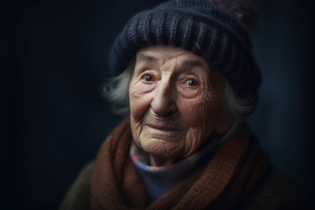 Portrait of an elderly woman in a warm hat and scarf.の素材