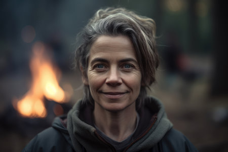Portrait of a woman in front of a bonfire in the cityの素材