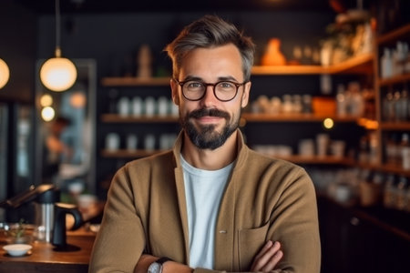 Portrait of a handsome bearded man in glasses standing in a cafeの素材